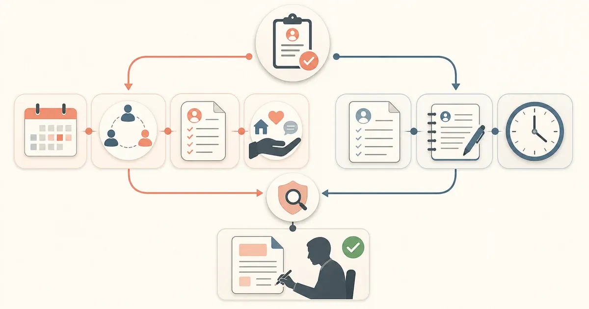 APCM and CCM care-management paths split from enrollment and consent, then reconnect for exception review and a human-reviewed draft claim.