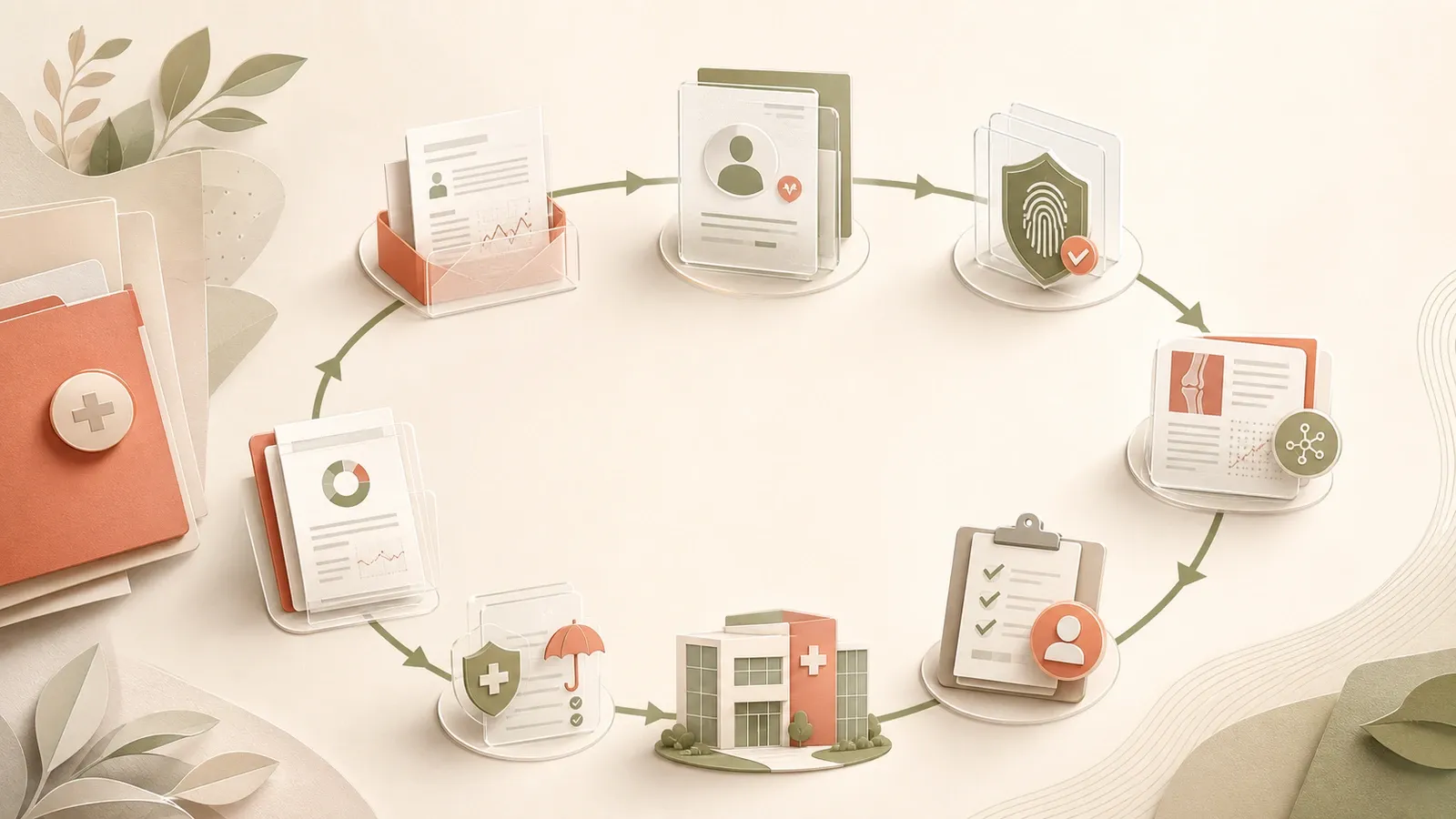 Circular referral workflow connecting the incoming packet, identity and evidence review, coverage and authorization, human approval, specialist destination, and returned report.