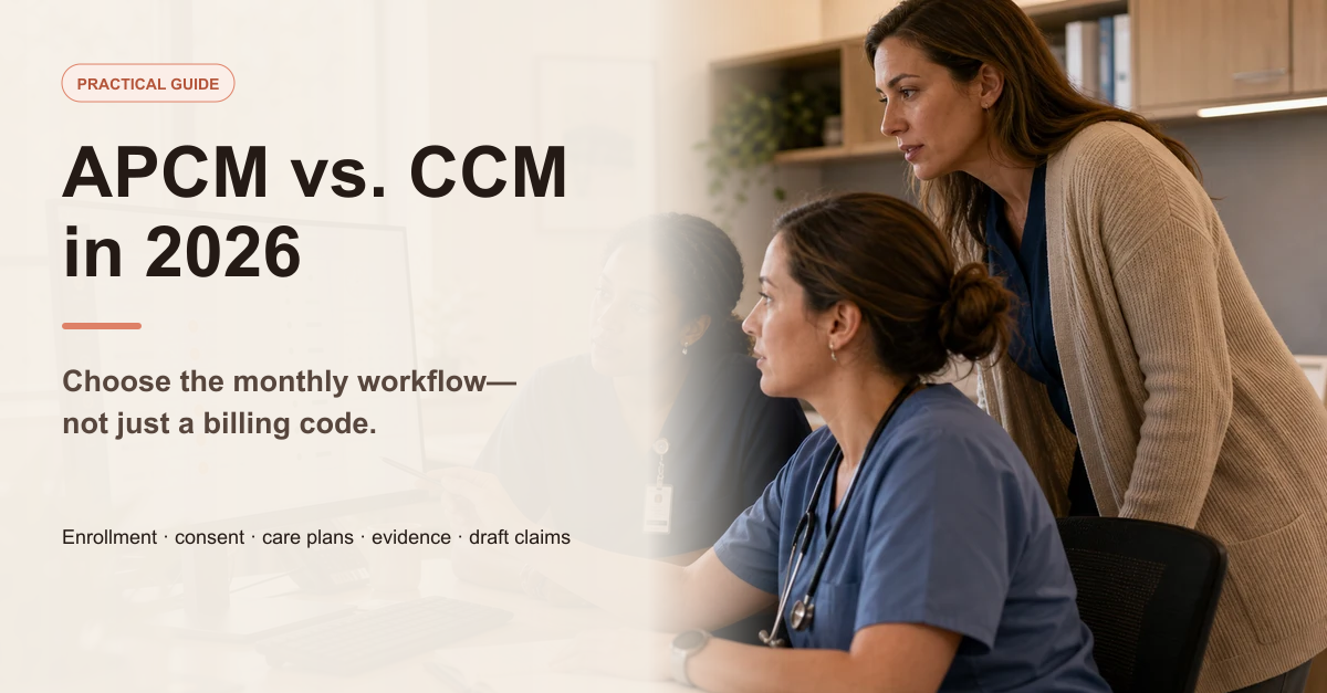 Primary care and revenue-cycle colleagues reviewing care-management operations beside the headline APCM vs. CCM in 2026