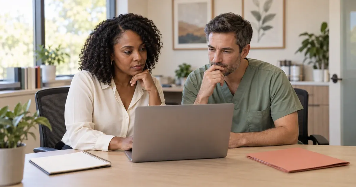 Two fictional practice colleagues reviewing a laptop at a desk with an open notebook and salmon-colored folder.