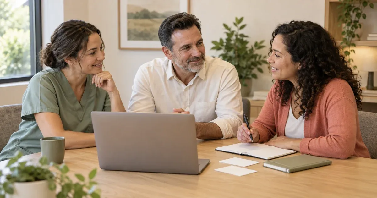 Three fictional practice colleagues discussing implementation around a laptop, blank planning cards, and a notebook.