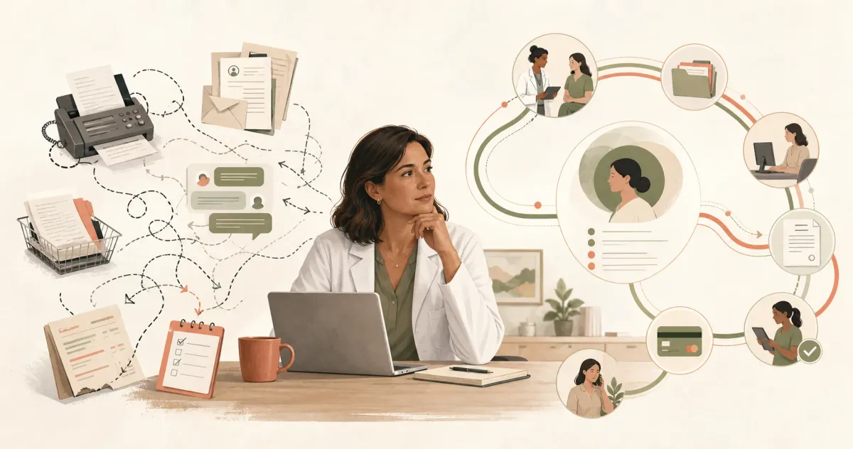 A clinician at the center of a medical practice, with fragmented fax, referral, authorization, and billing work becoming one connected patient workflow