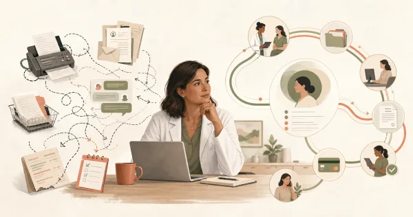 A clinician at the center of a medical practice, with fragmented fax, referral, authorization, and billing work becoming one connected patient workflow